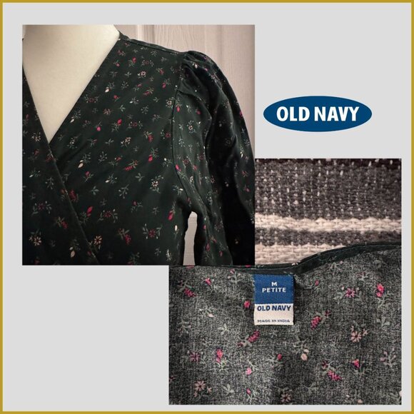 Old Navy Petite M Floral Wrap Dress Long Sleeve Dark Green | Size M - Picture 3 of 5